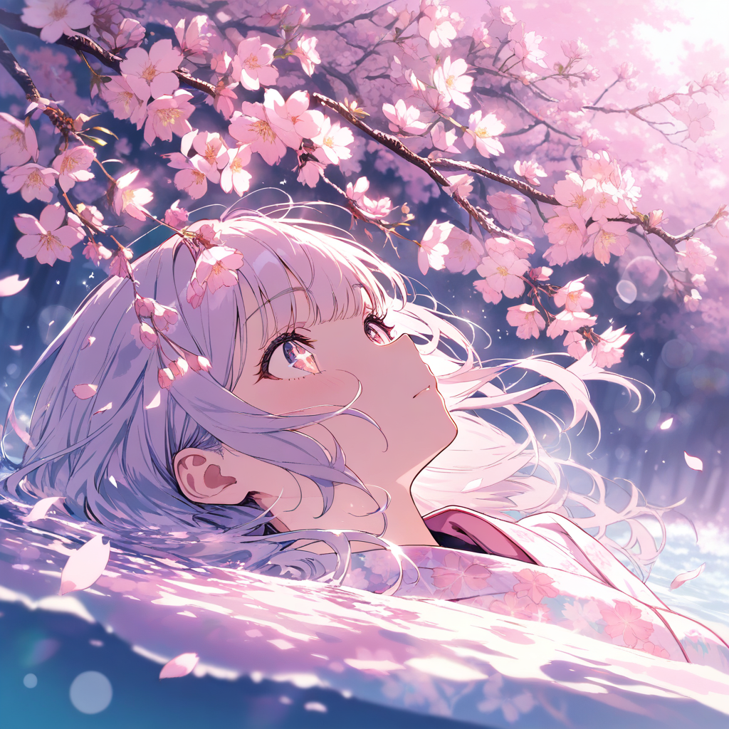 Kimono heroine, cherry blossoms, soft light, pastel palette, cinematic bokeh