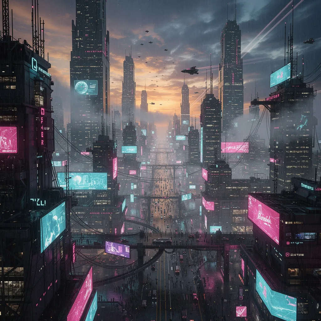 Epic cyberpunk skyline, neon haze, rain-slick streets, cinematic light