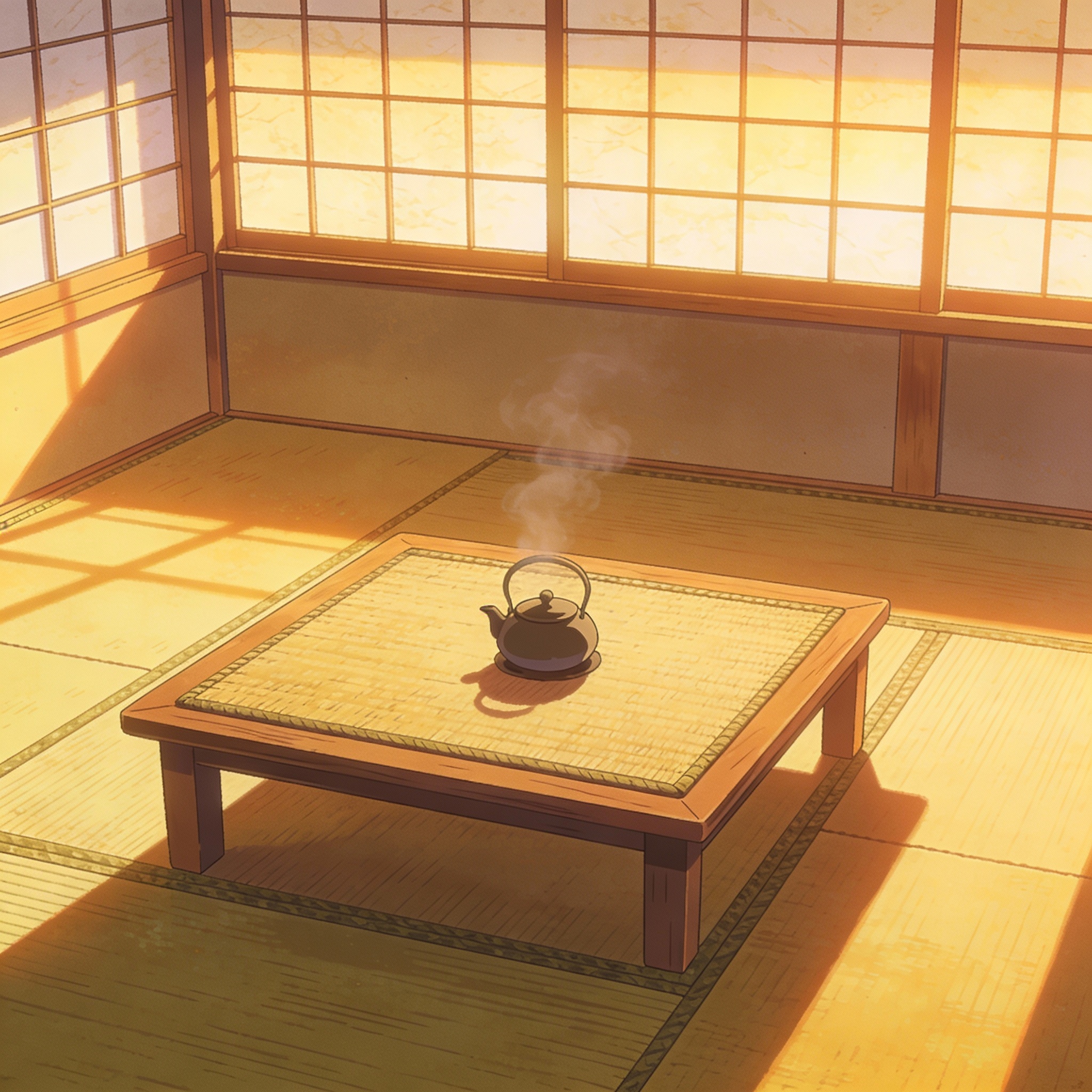 Minimalist zen tea room, warm light, clean lines, soft shadows